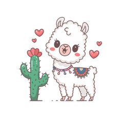 A cheerful and whimsical illustration of a cute, fluffy white llama standing next to a green cactus