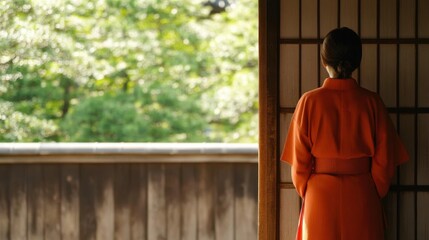 Woman in Traditional Japanese Kimono Gazing at a Serene Garden Landscape