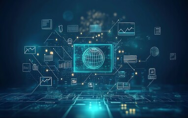 Interactive elearning concept with digital interface icons, online education tools, virtual classroom symbols, global connectivity, and knowledge sharing, sleek modern design