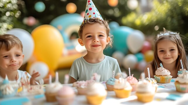 Happy children at birthday party with cupcakes.