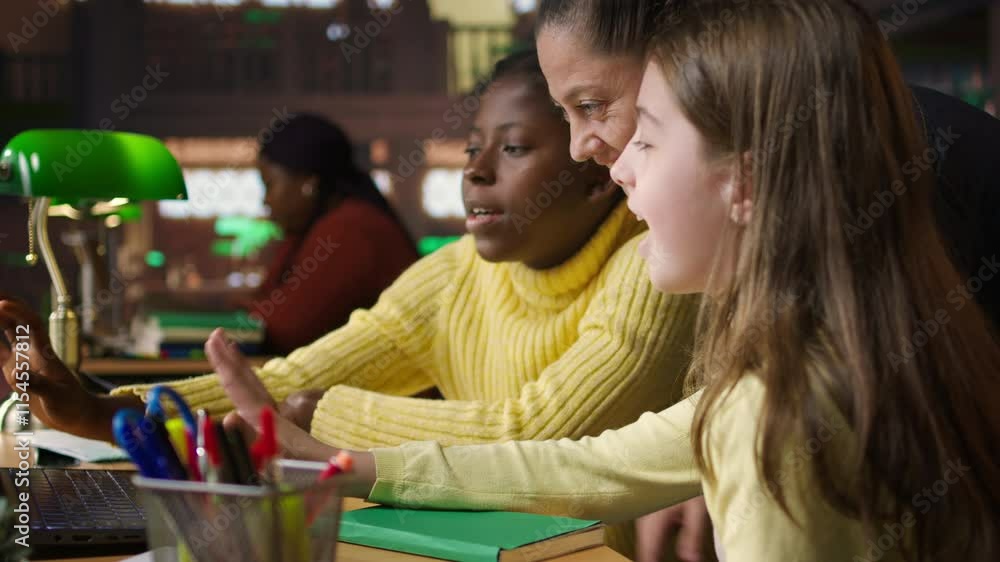 Poster multiethnic scholars in the library engaged in remote learning with their mentor, participating in a