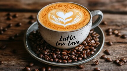 Delicious latte art in a cozy setting showcasing a cup filled with creamy coffee topped with a heart design, surrounded by roasted coffee beans on a rustic wooden table.