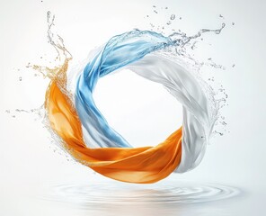 Dynamic Splash of Colors  Orange, Blue and White Fabrics swirling in Water