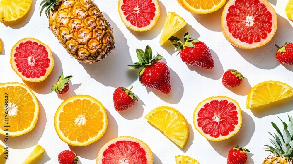 Poster vibrant display of tropical fruits arranged on a bright surface showcasing natures colorful bounty. 