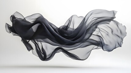High-end fashion photograph showcasing elegant black dress in dynamic motion, capturing flowing silk fabric waves and dramatic movement against pure white background with minimalist aesthetic.