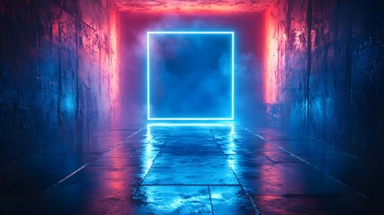 Hyperrealistic visualization of futuristic cyberpunk corridor featuring glowing blue portal, dark concrete tunnel, reflective wet floor, and atmospheric blue LED illumination with dramatic shadows.