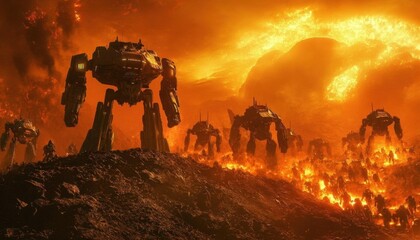A dramatic scene featuring giant robots against a fiery landscape.