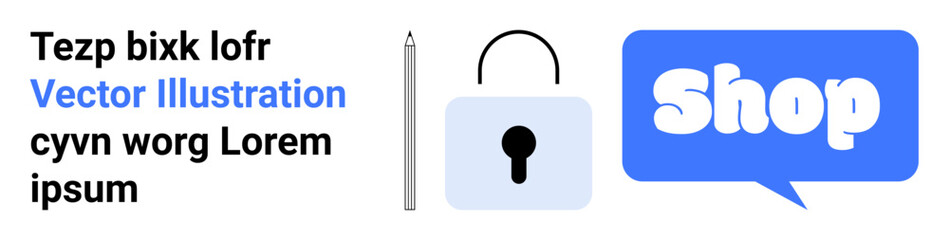 Shop icon in blue speech bubble alongside a padlock and text. Ideal for ecommerce websites, online security, digital marketing, website banners, and online transactions. Banner landing page