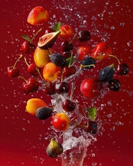 A vibrant splash of various fruits against a red background.