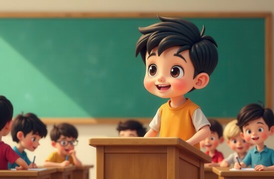 The adorable little cartoon boy with black hair confidently gives a speech on the classroom podium