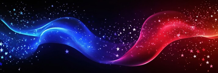 American flag flowing gracefully in the wind, showcasing vibrant colors and fabric texture against a dark background. Generative AI