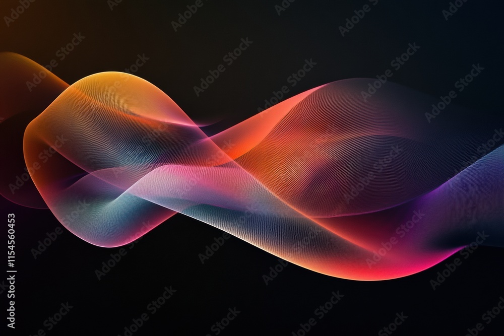 Poster colorful abstract light streaks flow gracefully in a dynamic wave pattern across a dark background. 