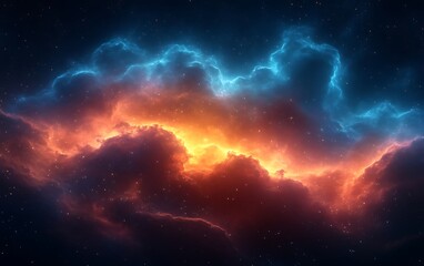 Fototapeta premium Abstract cosmic nebula with blue and orange energy clouds.
