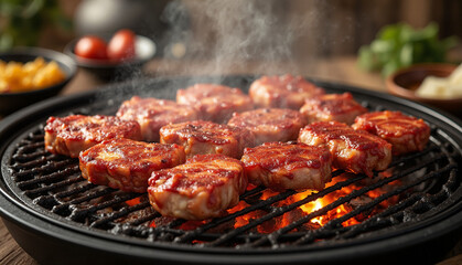 Grilled Korean BBQ Meat with Fiery Charcoal and Dramatic Steam in Cozy Outdoor Setting