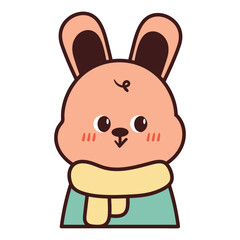 hand drawing cartoon pink bunny wearing yellow scarf. cute animal drawing, doodle