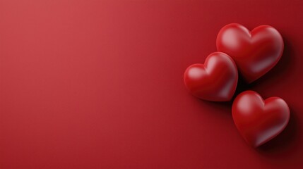 Three glossy red hearts on a vibrant red background, symbolizing love and affection.