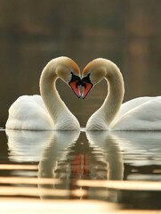Obraz premium Two Swans Forming a Heart Shape on a Calm Lake at Sunset: A Symbol of Love and Tranquility