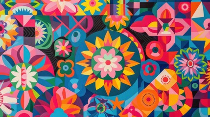 Colorful abstract floral patterns in vibrant geometric designs.