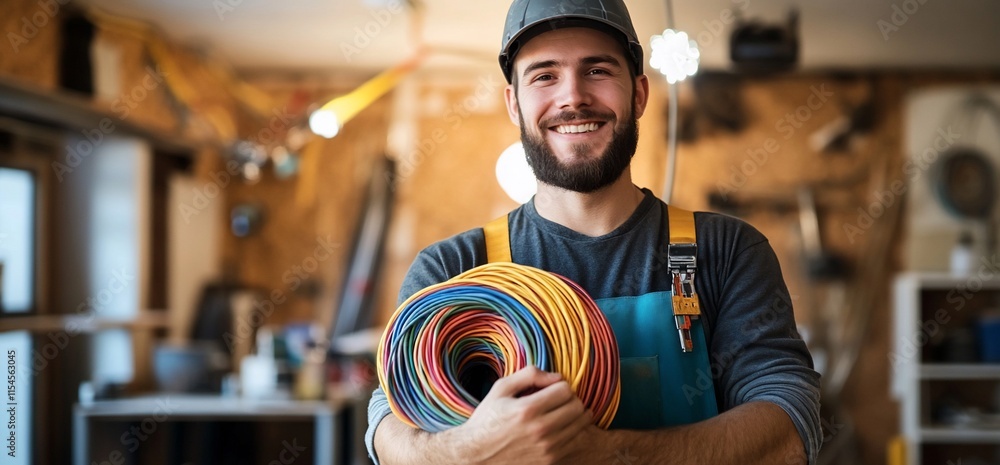 Poster a smiling man in work attire holds colorful cables in a workshop setting.
