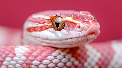 Close-up of a pink and white snake's head and scales.