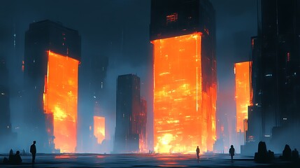 Glowing orange futuristic city at night.