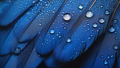 Naklejka premium closeup of dew drops on a blue feather, crystalclear water droplets, vibrant blue feather texture, macro shot, soft natural lighting