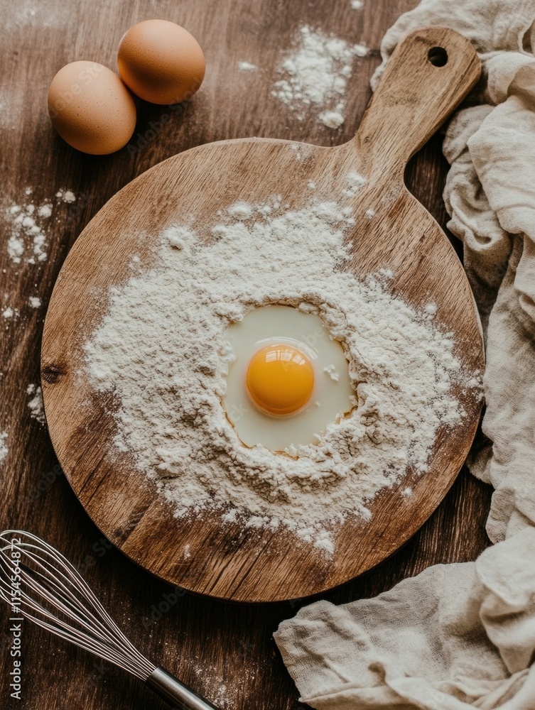Aufkleber top view of a wooden board with scattered flour and a cracked egg ready for baking preparation. gene