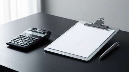 Blank Clipboard Calculator And Pen On Desk