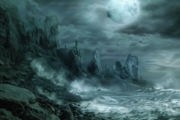 Obraz premium Dark Fantasy Landscape with Towering Cliffs and Crashing Waves