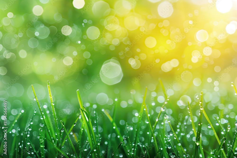 Poster close-up view of dewdrops on green grass with a blurred bokeh background in morning light. generativ