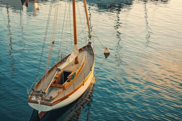 Fototapeta premium A serene boat anchored in calm waters, reflecting the warm hues of sunset.
