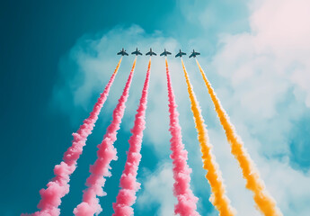 An air show with colorful smoke and fighter jets flying in the sky, against a sky-blue background