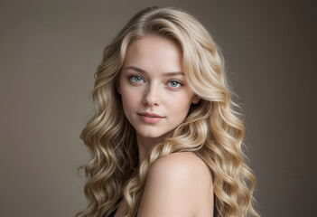 Naklejka premium A beautiful blonde woman with long, wavy hair and flawless skin. Shes looking directly at the camera with a soft, natural makeup look. The image is a studio shot against a neutral background.