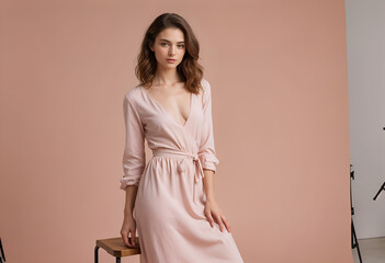 Fototapeta premium A young woman with shoulderlength brown hair models a pale pink, longsleeved wrap dress against a peach background. She rests one hand on a small wooden stool. Professional studio lighting.