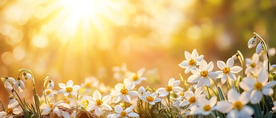snowdrops in spring nature, fresh white blossoms with blurred background, golden sunshine with sun spikes, soft natural light