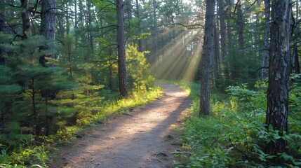 Obraz premium A serene forest path illuminated by sunlight filtering through the trees.