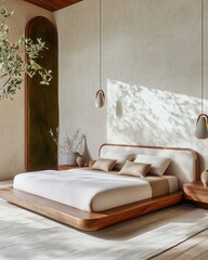 Levanto bedroom with light sand walls and natural decor