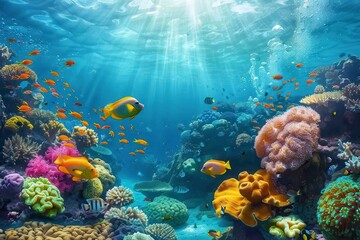 Fototapeta premium Vibrant Coral Reefs Teeming With Colorful Tropical Fish in Crystal-Clear Waters. Generative AI