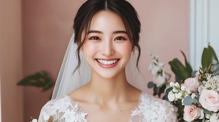 Radiant bride smiling, wearing wedding dress and veil.