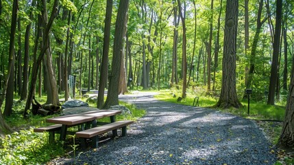 A serene forest path with a picnic table, surrounded by lush greenery.