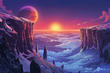 Fantasy landscape with a distant planet setting sun and snowy mountains