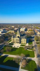 Stunning Aerial View Captures Kansas State Capitol in Topeka Under a Bright Blue Sky. Generative AI