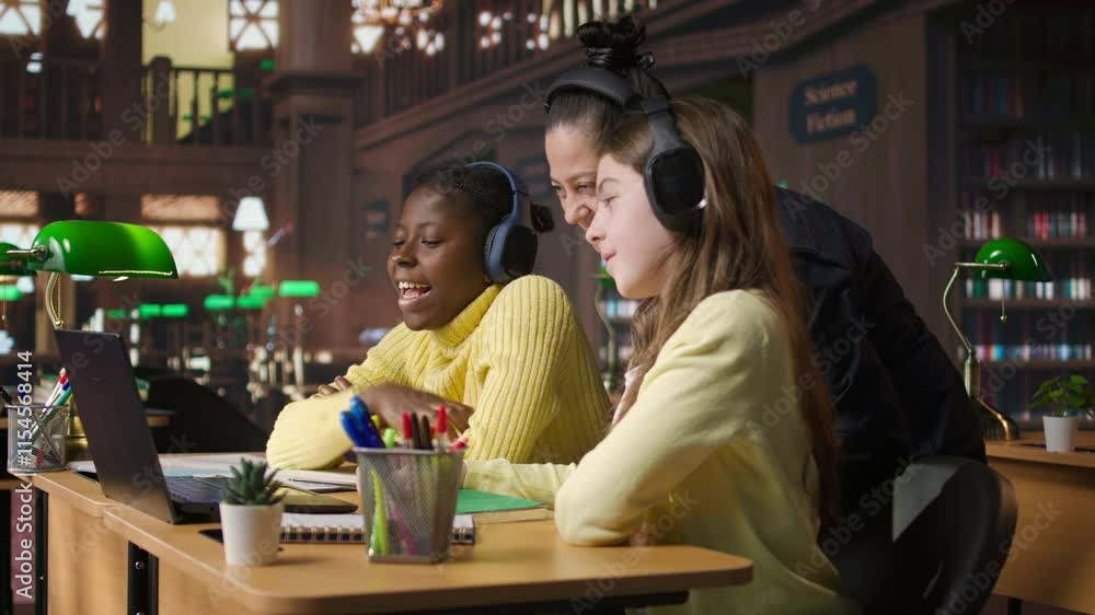 Poster young students and tutor attending an online class via video call in the library, focused on distanc