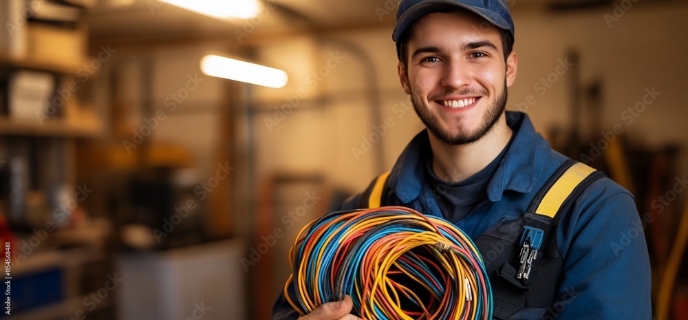 Poster a smiling young worker holds colorful wires in a workshop setting.
