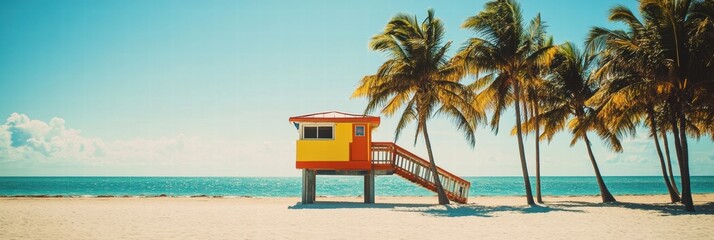 Bright lifeguard station beside palm trees on sunny Miami beach during a clear day. Generative AI