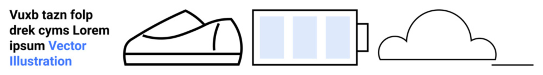 Shoe with strap, battery icon, cloud outline, and blue text. Ideal for web design, landing pages, minimalism, technology, environment, fashion, modern themes. Landing page