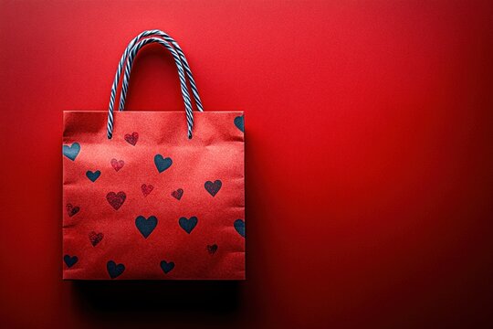 Valentine gift bag with heart patterns on vibrant red background, isolated with copy space, Valentine's Day design concept