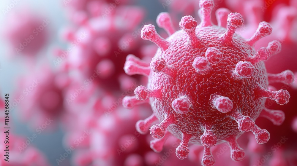 Poster microscopic view of a virus particle, showing its spiky surface and complex structure.