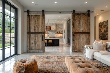 Luxury wooden sliding barn door with distressed metal hardware, set against a sleek modern interior backdrop, creating a perfect contrast.