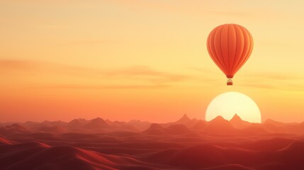 Fototapeta premium A vibrant hot air balloon ascends into the sunset, casting a beautiful silhouette against the colorful horizon and mountainous landscape.
